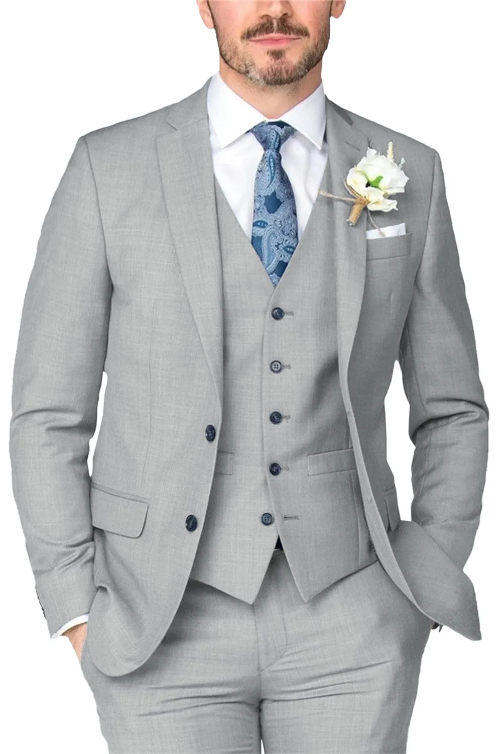 3 Piece Business Casual Notch Lapel Mens Suit (Blazer Vest Pants)