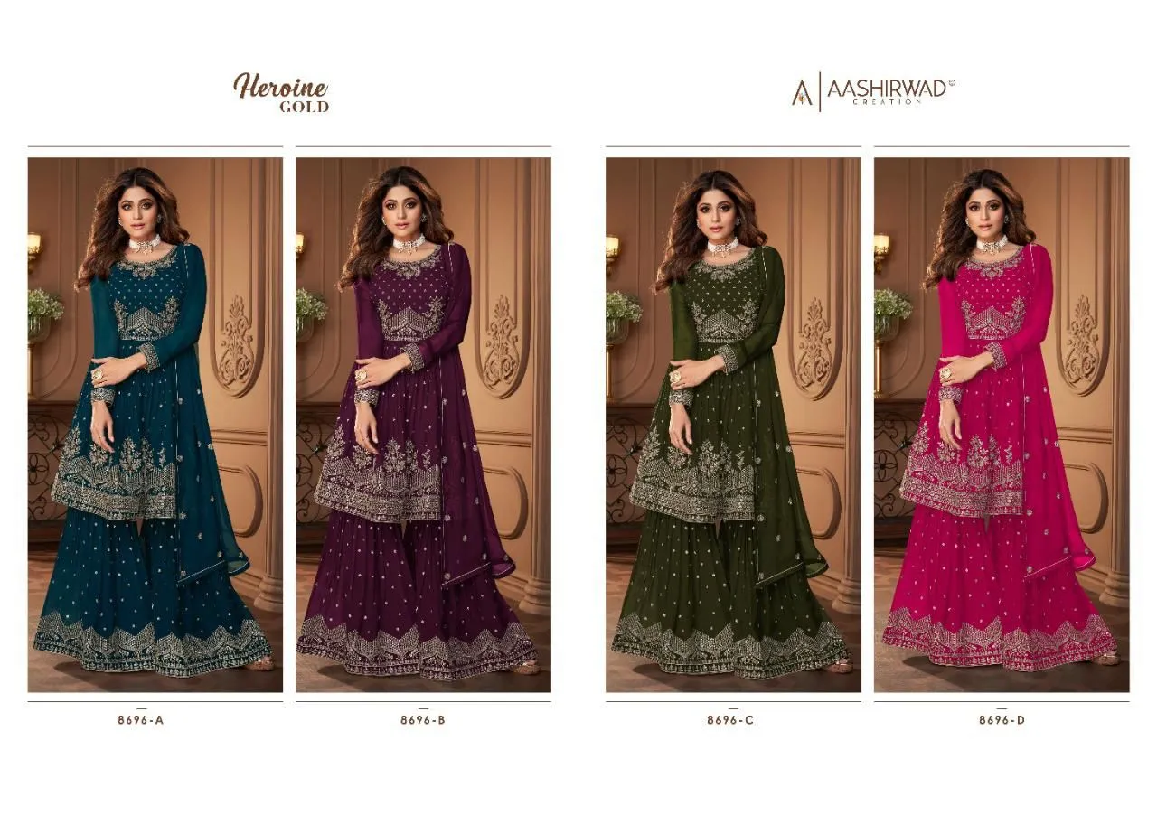 Aashirwad 8696 Heroine Gold Real Georgette Party Wear Collection