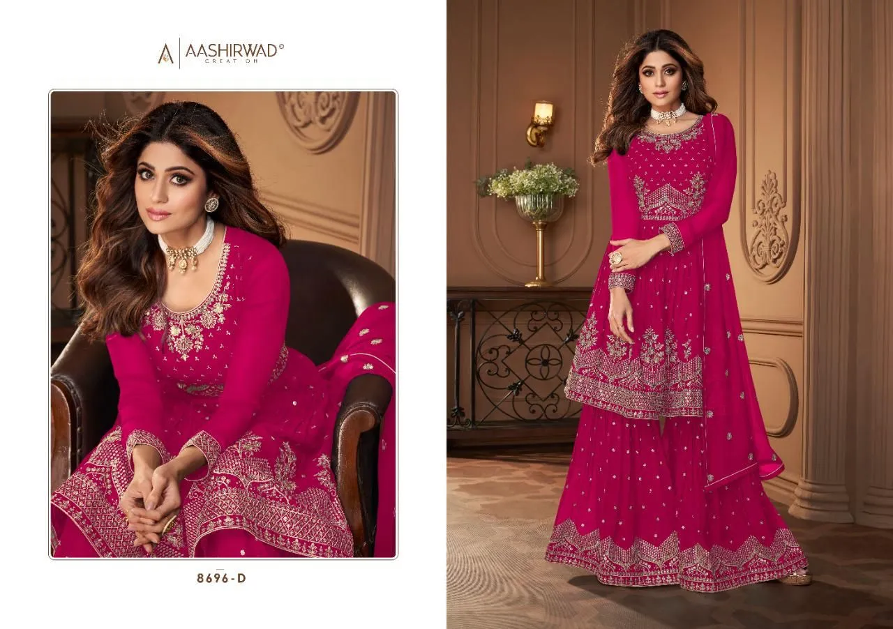 Aashirwad 8696 Heroine Gold Real Georgette Party Wear Collection
