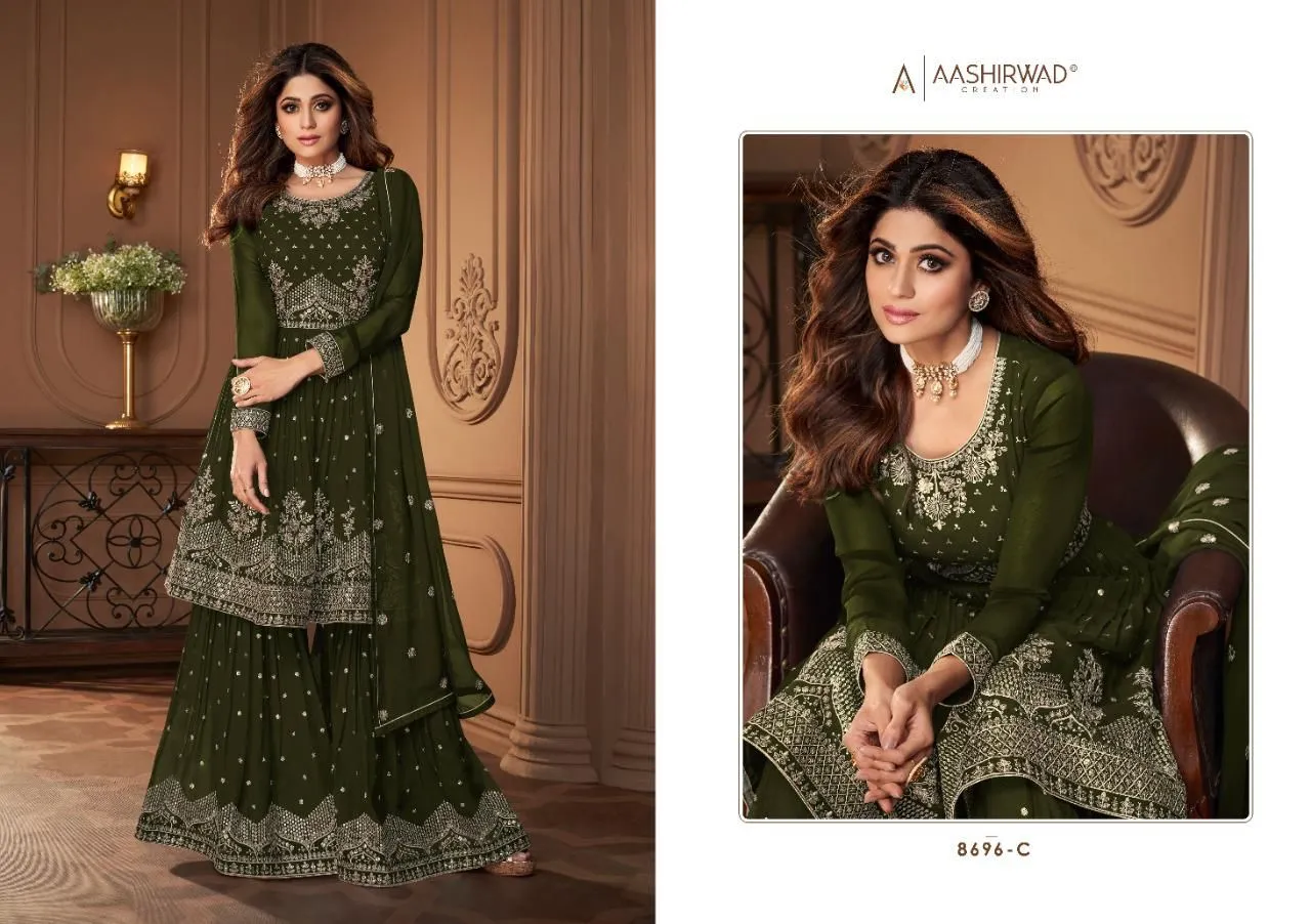 Aashirwad 8696 Heroine Gold Real Georgette Party Wear Collection