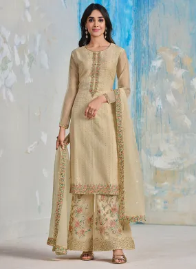 Beige Multi Embroidered Wedding Palazzo Suit