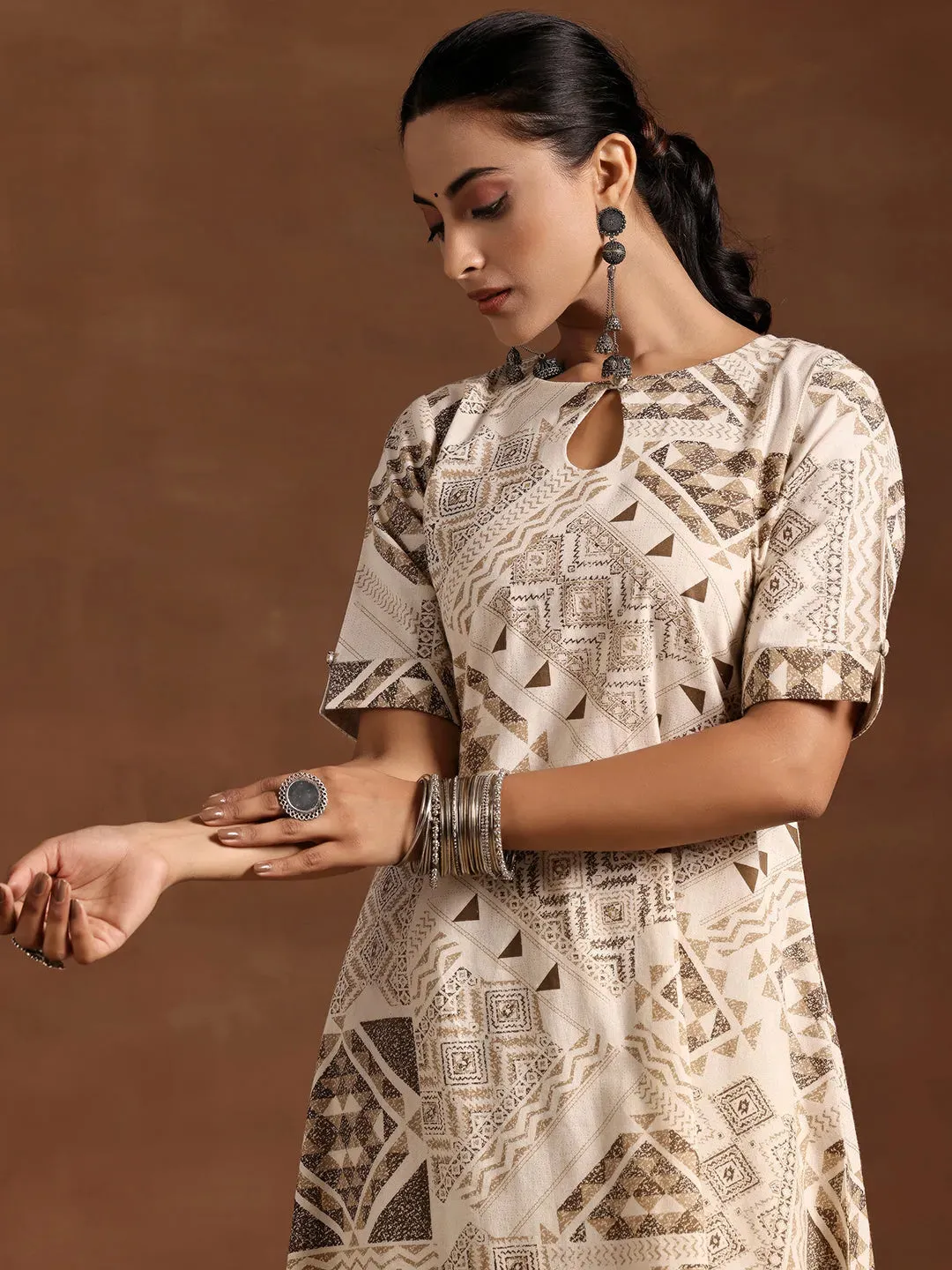 Beige Printed Cotton Straight Kurta Set