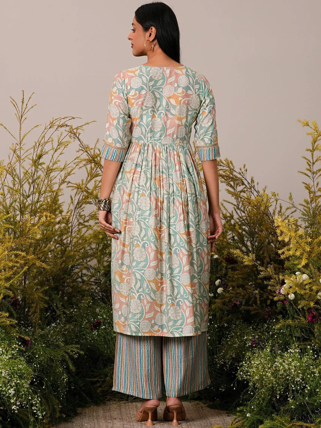 Beige Printed Silk Blend Anarkali Kurta Set