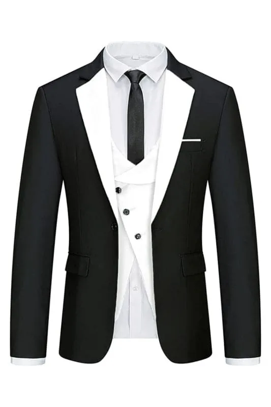 Black And White Peaked Lapel Three Pieces Prom Suits 3 Piece Slim Fit Suit for Men Formal Business Suit