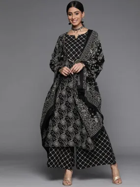 Black Printed Cotton Straight Kurta With Palazzos & Dupatta