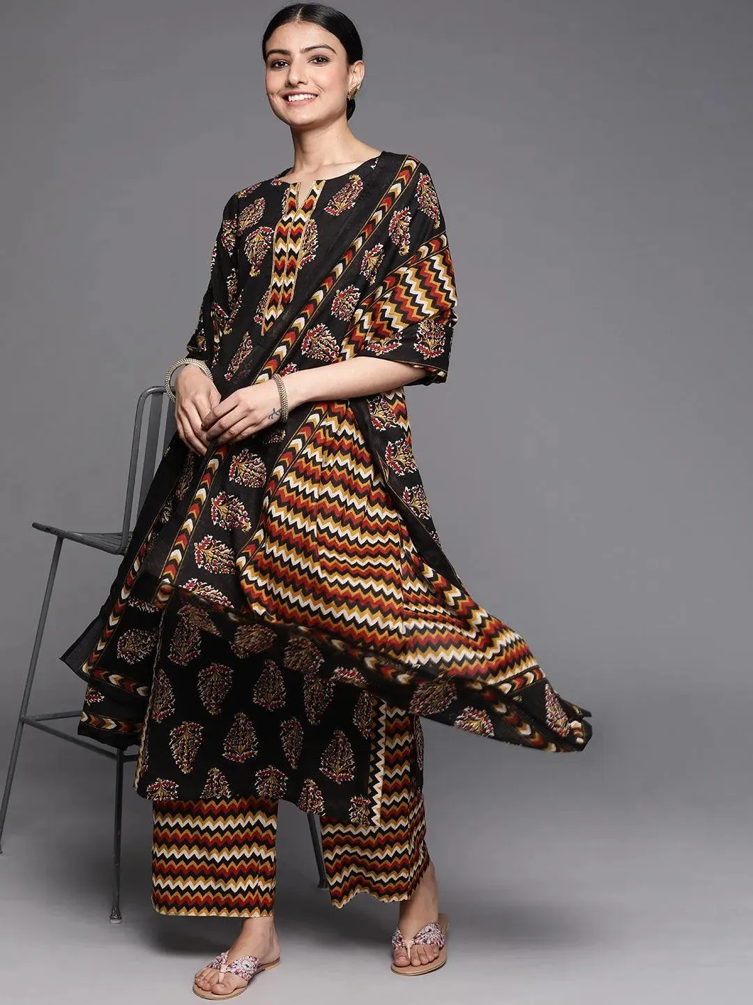 Black Printed Cotton Straight Kurta With Palazzos & Dupatta