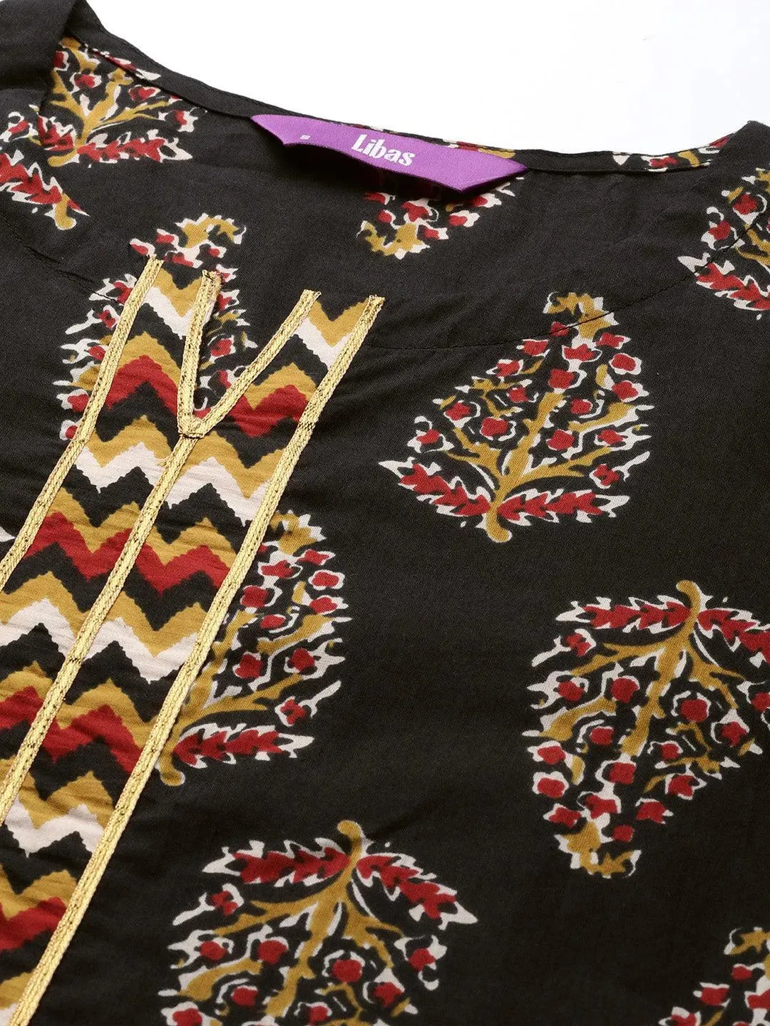 Black Printed Cotton Straight Kurta With Palazzos & Dupatta