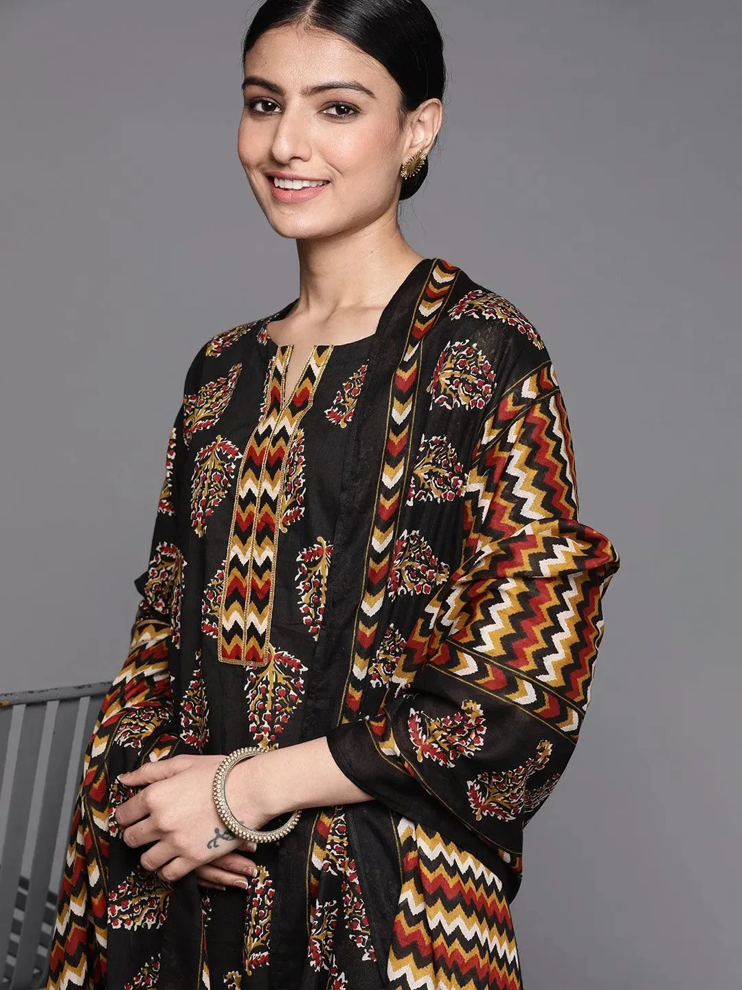 Black Printed Cotton Straight Kurta With Palazzos & Dupatta