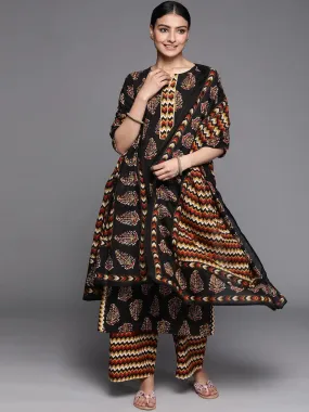 Black Printed Cotton Straight Kurta With Palazzos & Dupatta