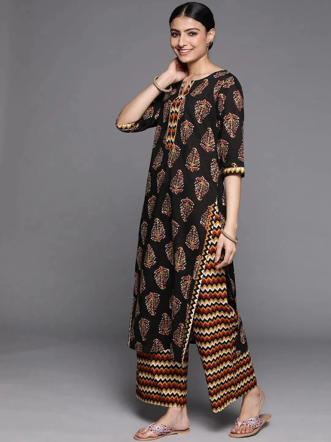 Black Printed Cotton Straight Kurta With Palazzos & Dupatta