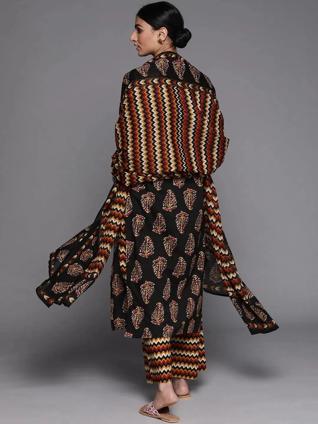 Black Printed Cotton Straight Kurta With Palazzos & Dupatta