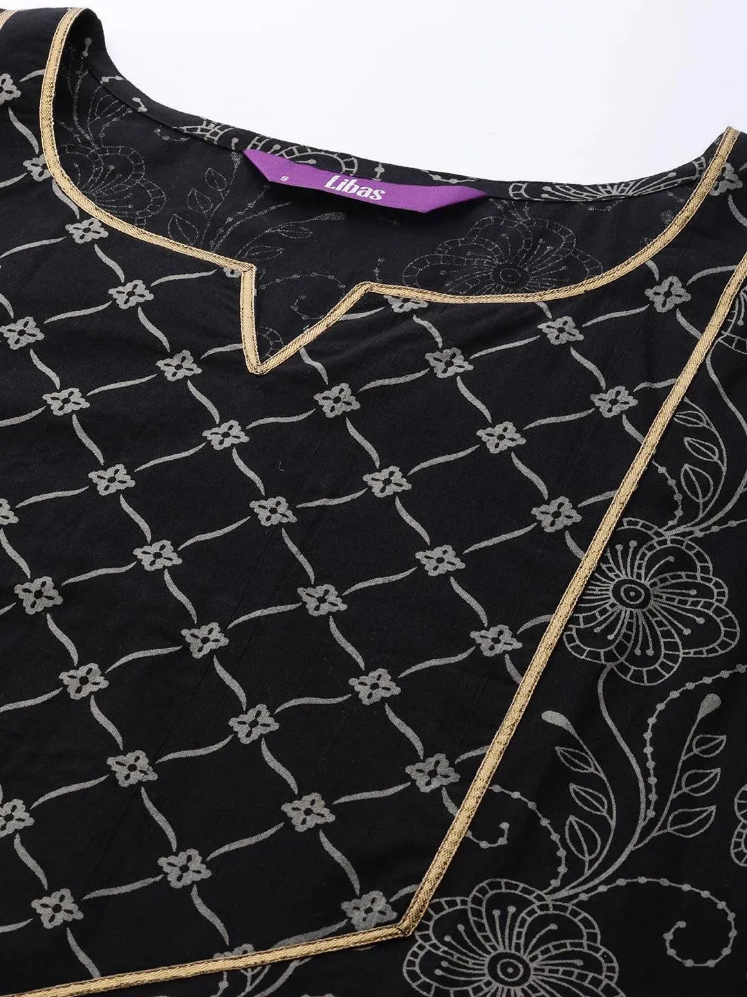 Black Printed Cotton Straight Kurta With Palazzos & Dupatta