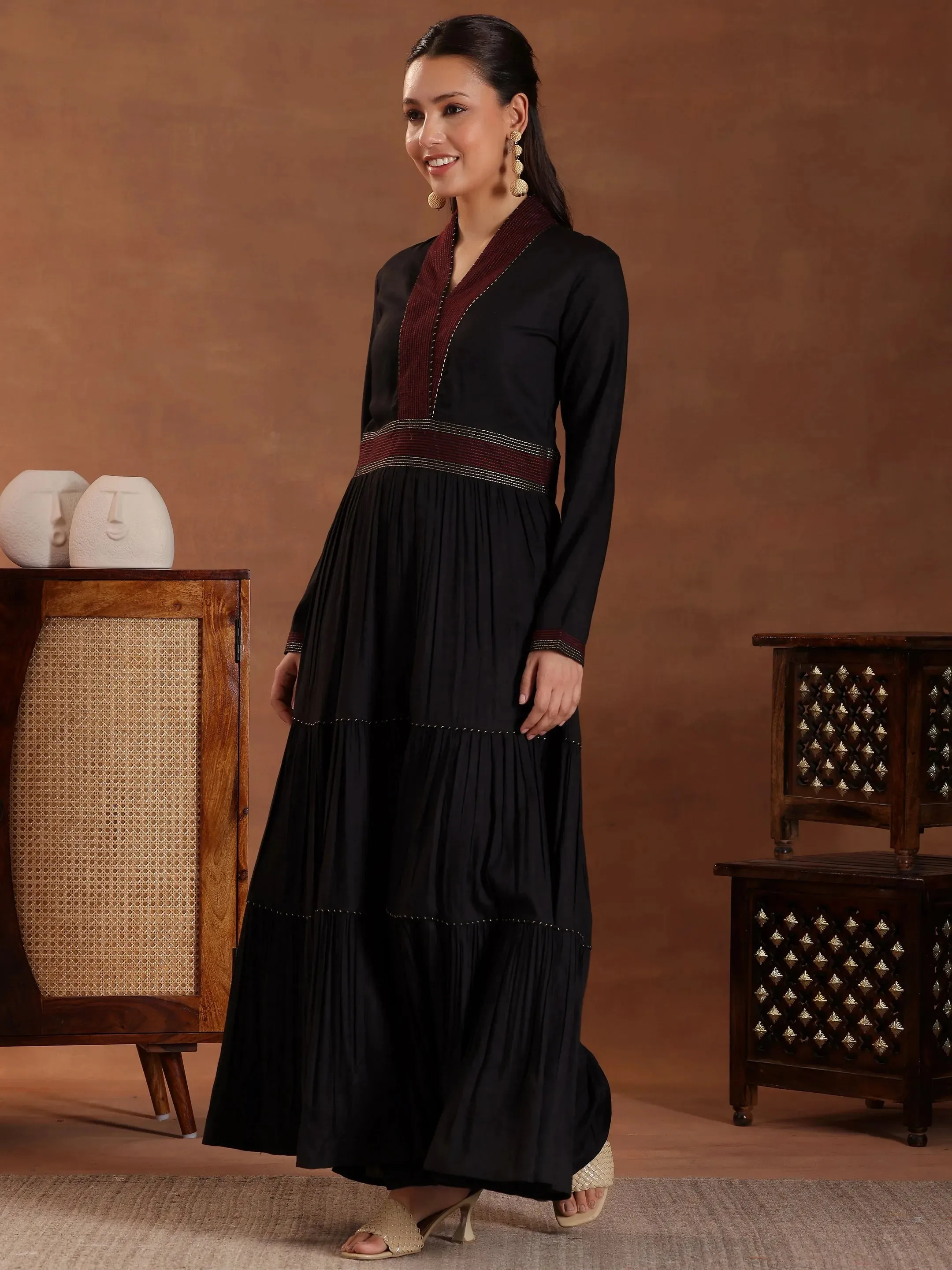 Black Self Design Pure Cotton A-Line Kurta Set