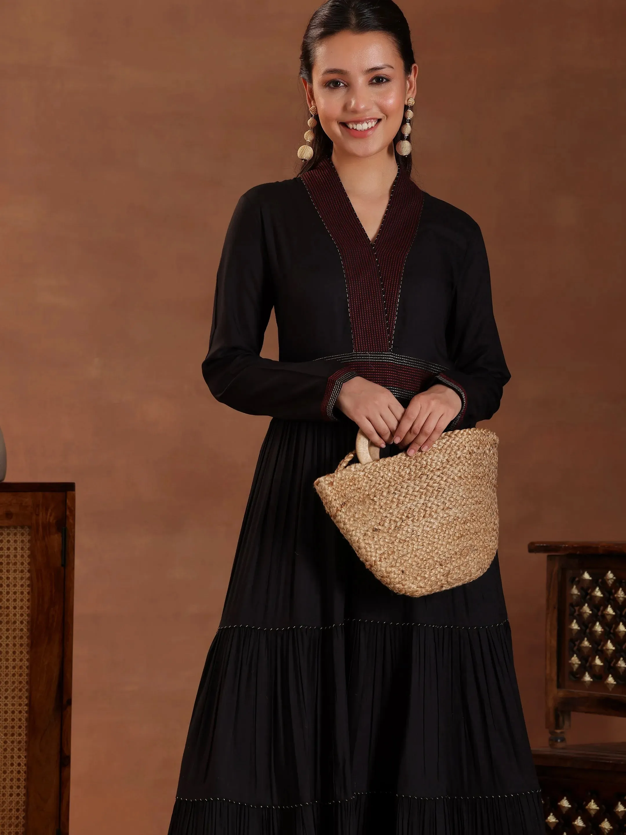 Black Self Design Pure Cotton A-Line Kurta Set