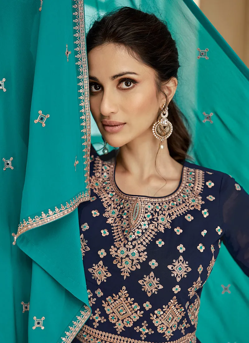 Blue And Turquoise Embroidery Wedding Anarkali Lehenga