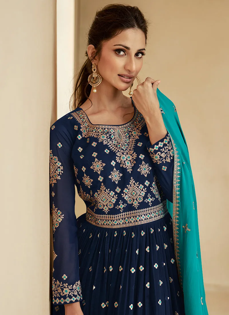Blue And Turquoise Embroidery Wedding Anarkali Lehenga