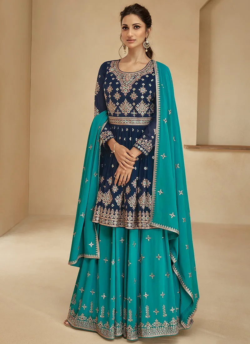Blue And Turquoise Embroidery Wedding Anarkali Lehenga