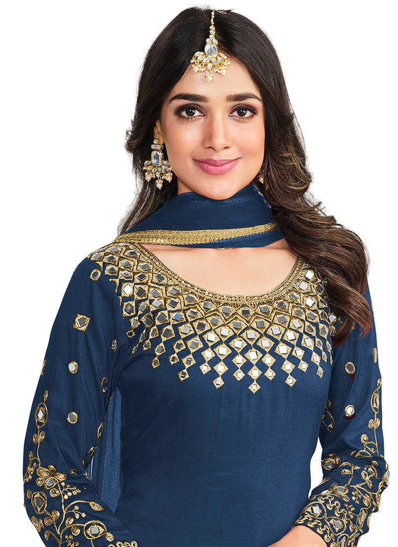 Blue Mirror Work Embroidery Salwar Kameez
