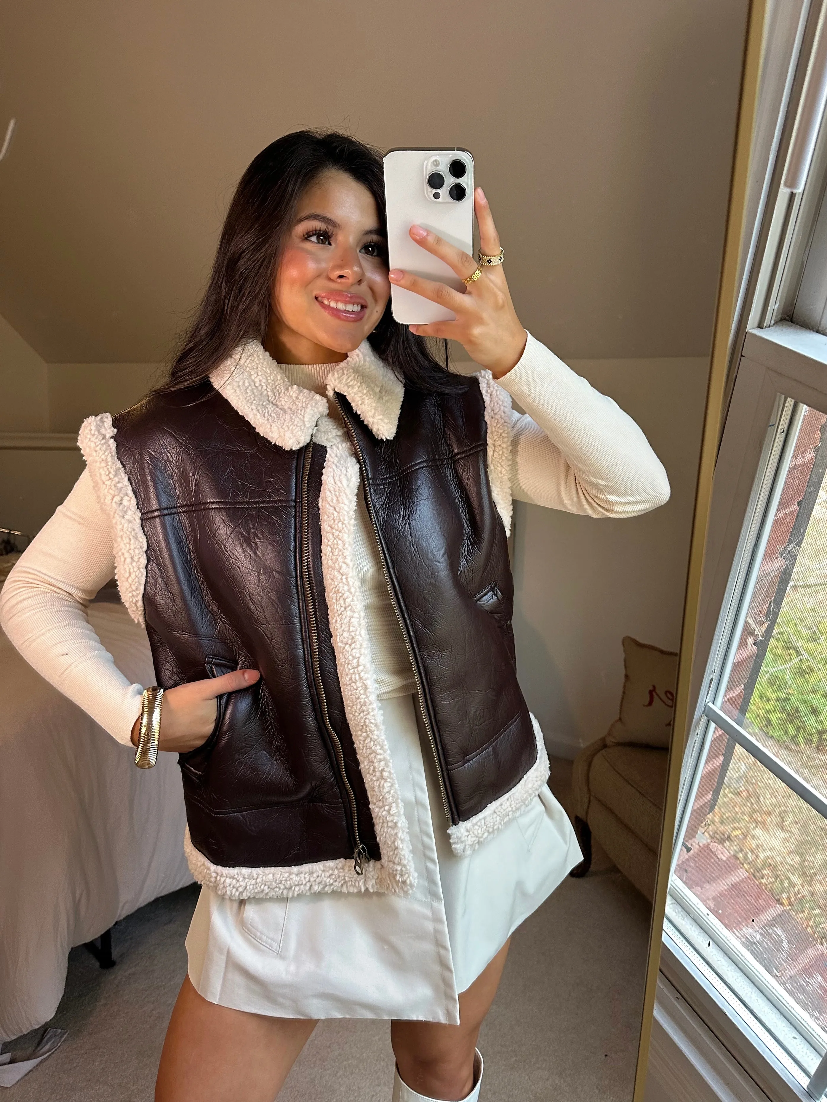 Brown Leather Sherpa Zip-Up Vest