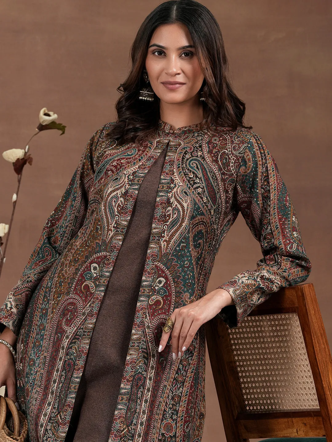 Brown Solid Wool Blend Straight Kurta Set