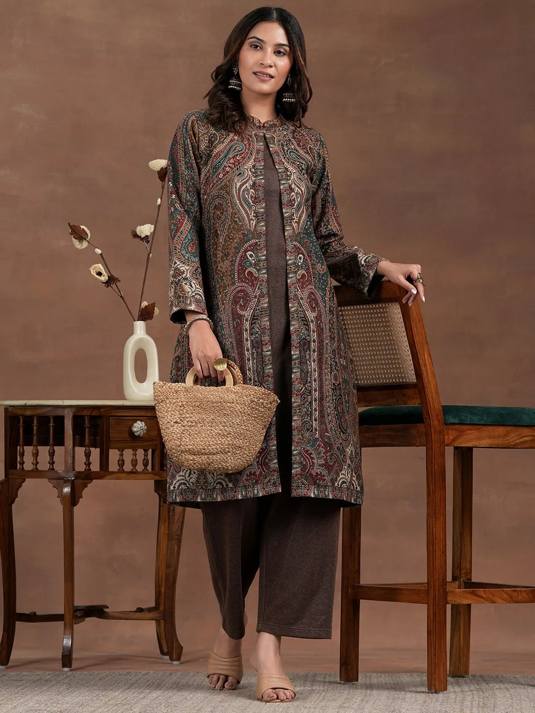 Brown Solid Wool Blend Straight Kurta Set
