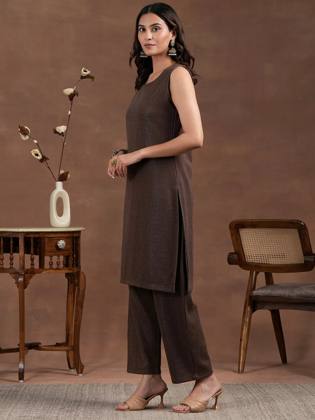 Brown Solid Wool Blend Straight Kurta Set