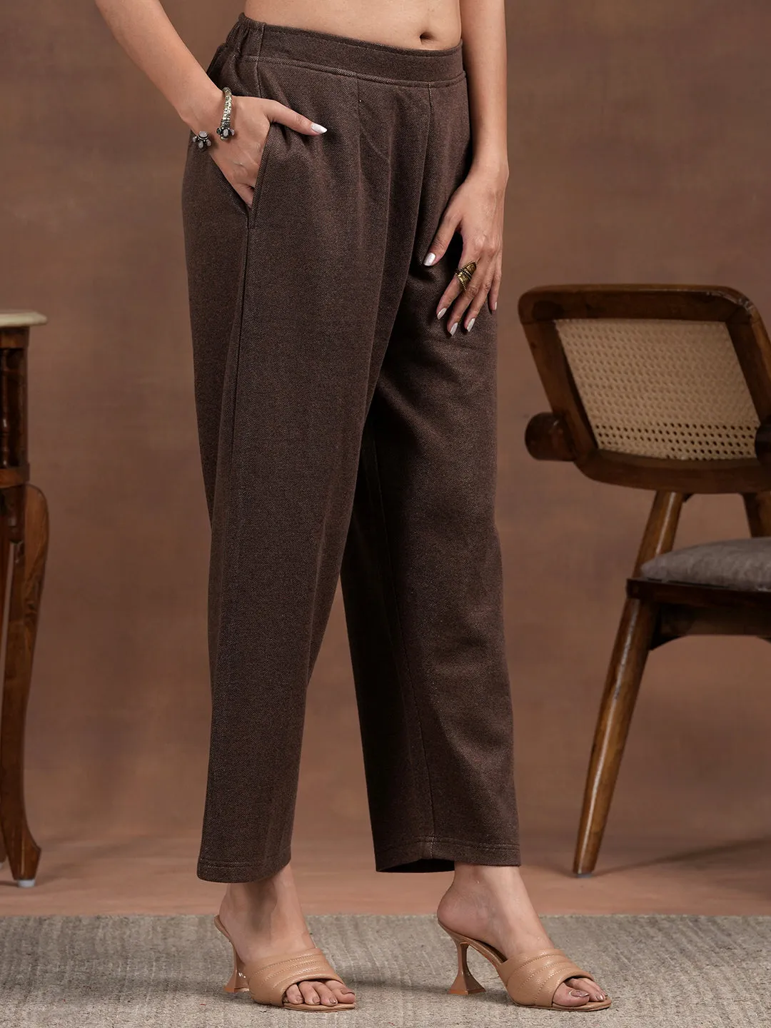 Brown Solid Wool Blend Straight Kurta Set