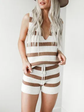 Casual Striped V-Neck Short Sleeve Suit