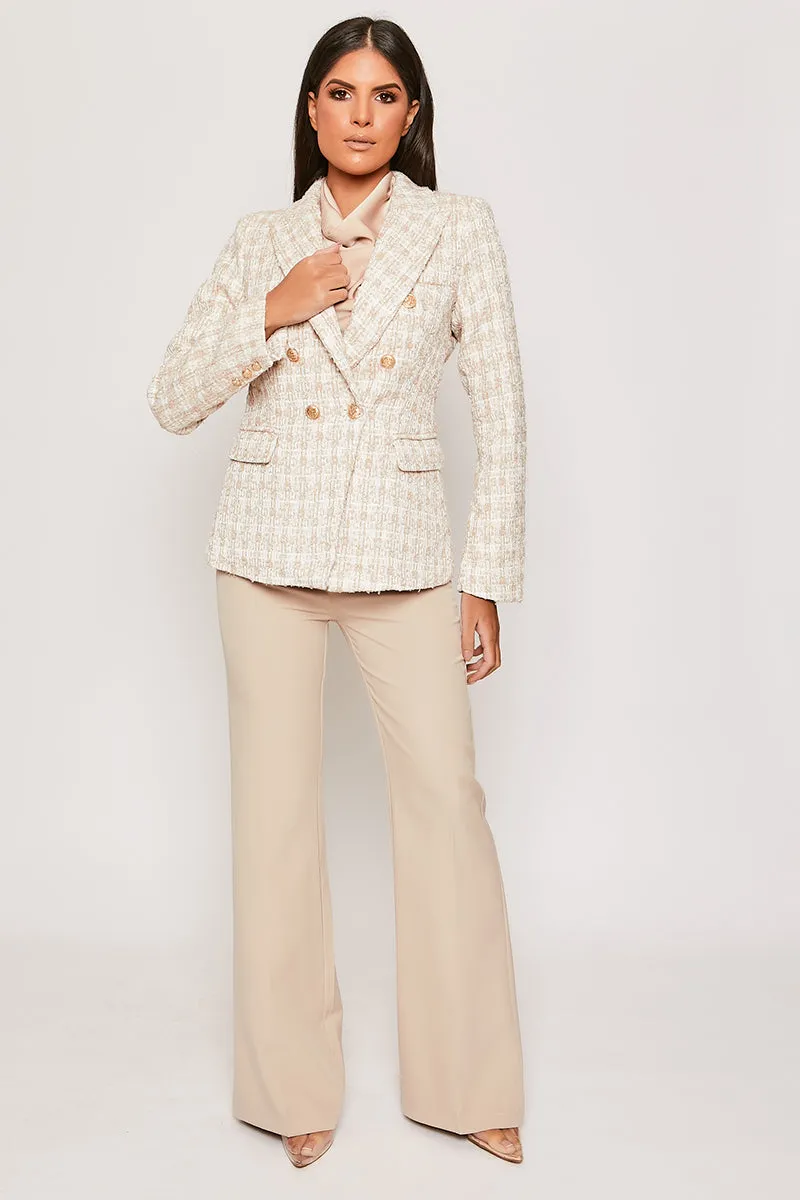 Clarisse - Nude & White Checked Knit Thread Gold Button Blazer