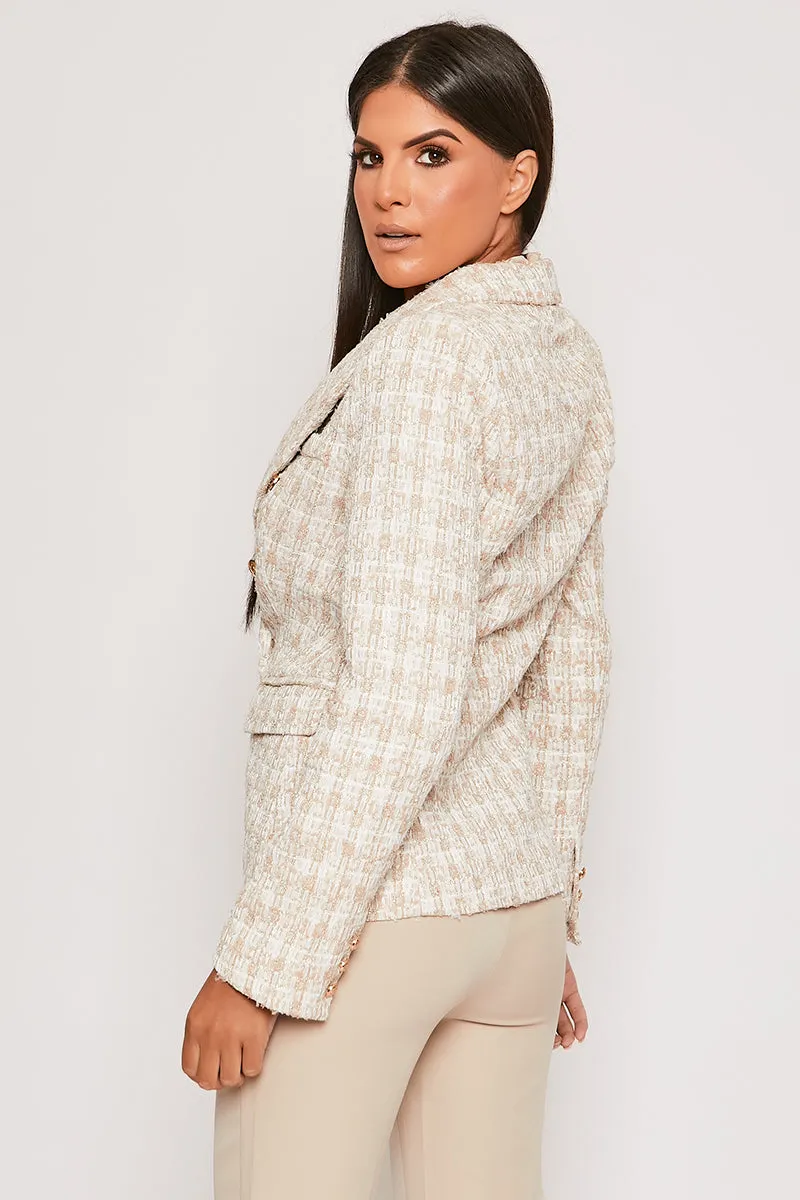 Clarisse - Nude & White Checked Knit Thread Gold Button Blazer