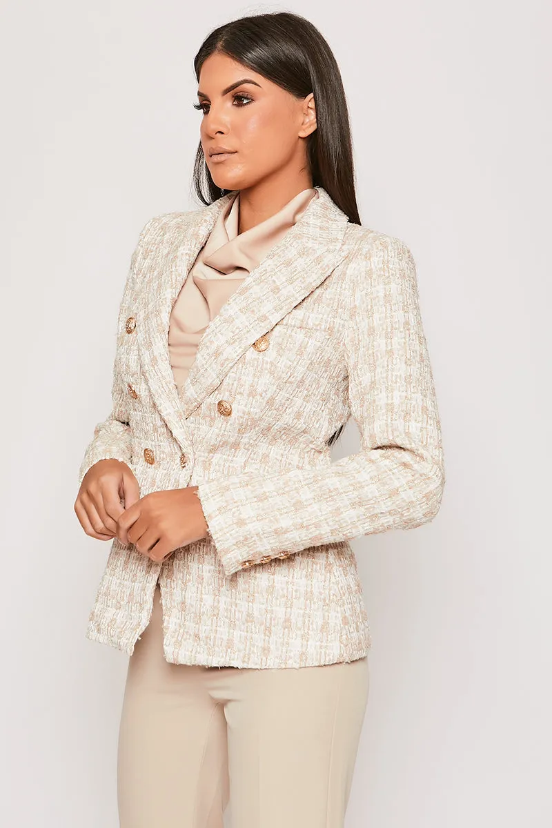 Clarisse - Nude & White Checked Knit Thread Gold Button Blazer