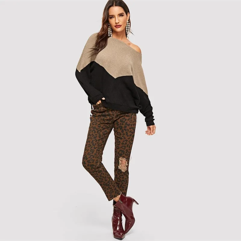 Colorblock Batwing Sleeve Two-Tone Ribbed Casual Pullover