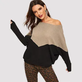 Colorblock Batwing Sleeve Two-Tone Ribbed Casual Pullover