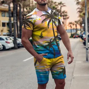 Colorful Coconut Beach Printed Round Collar Short Sleeve Suit