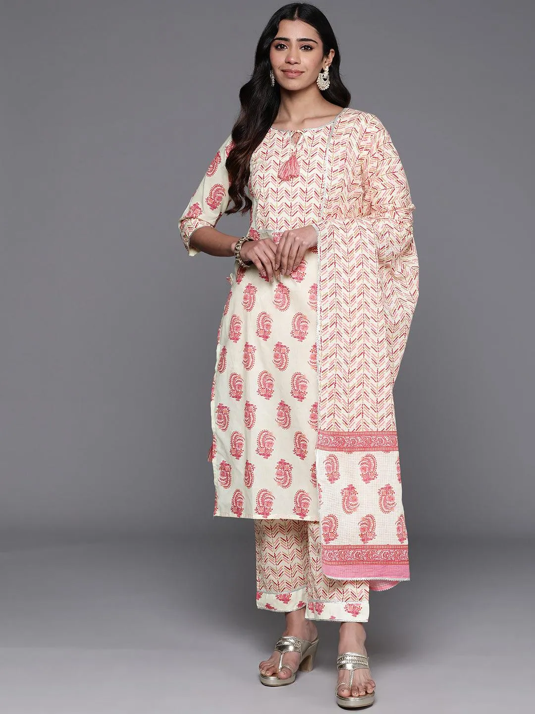 Cream Printed Cotton Straight Suit With Dupatta