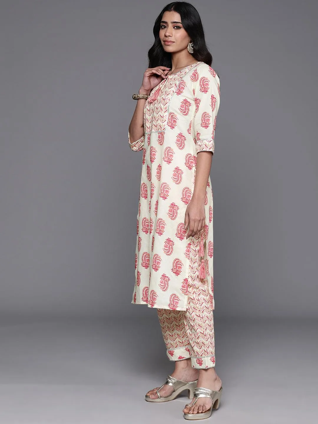 Cream Printed Cotton Straight Suit With Dupatta