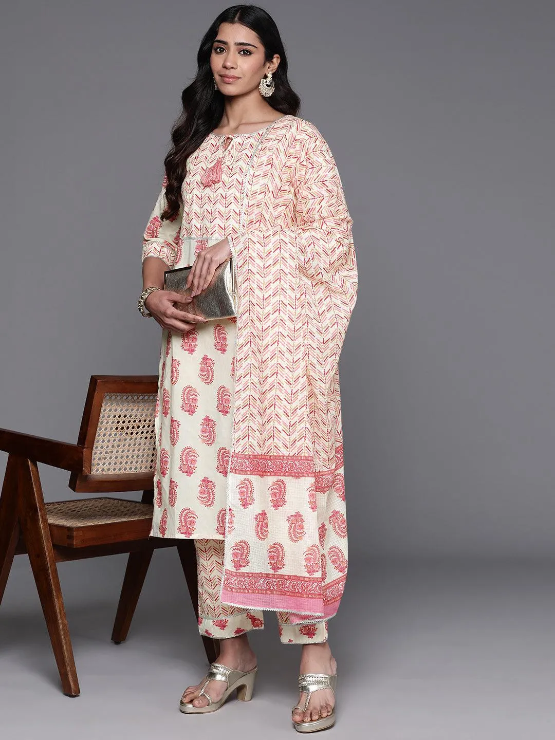 Cream Printed Cotton Straight Suit With Dupatta