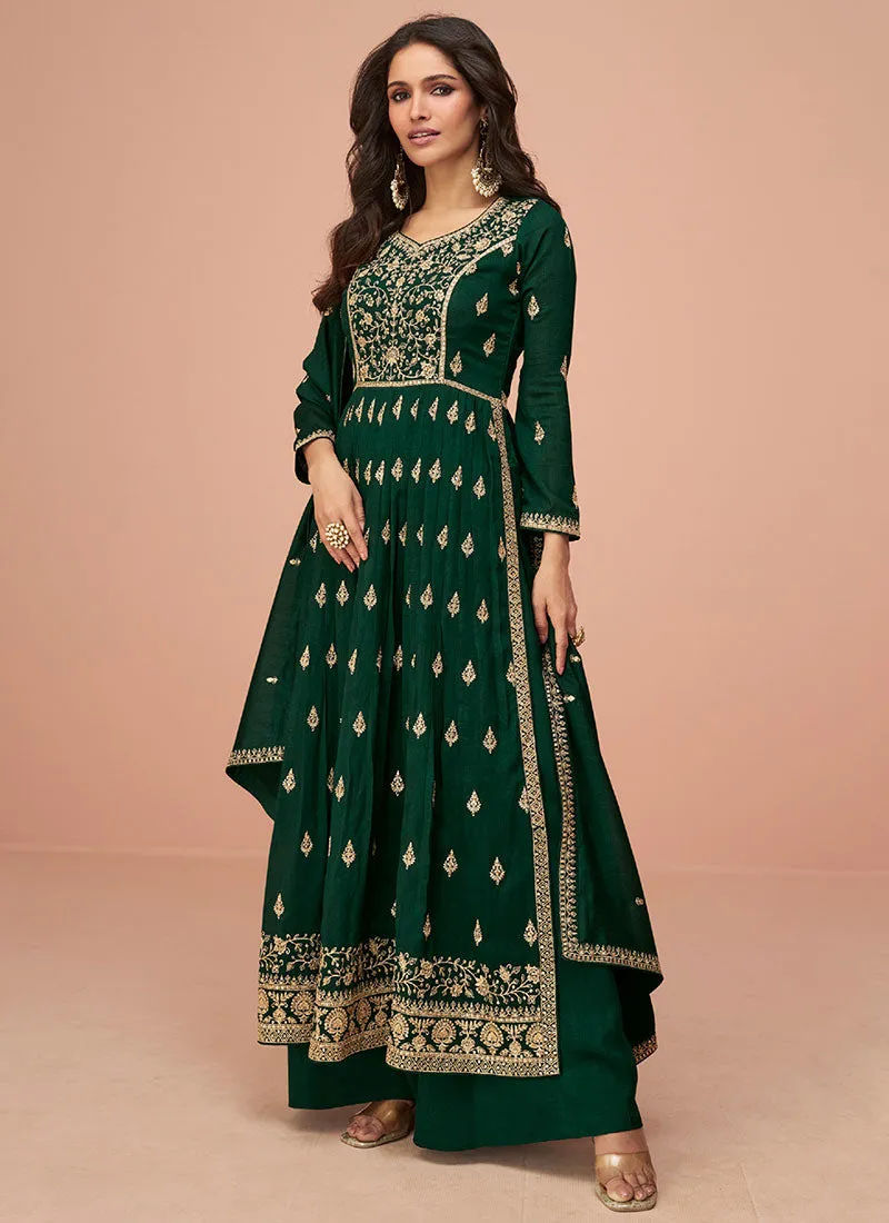 Green Thread And Sequence Embroidery High Slit Palazzo Suit