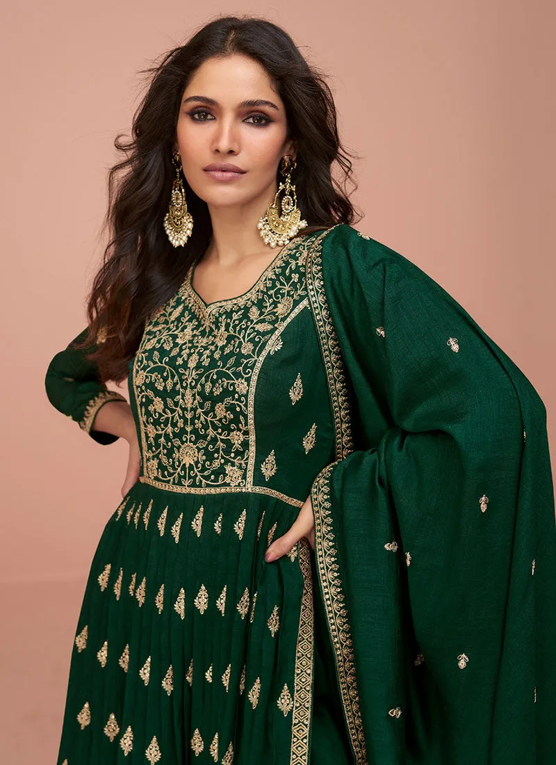 Green Thread And Sequence Embroidery High Slit Palazzo Suit