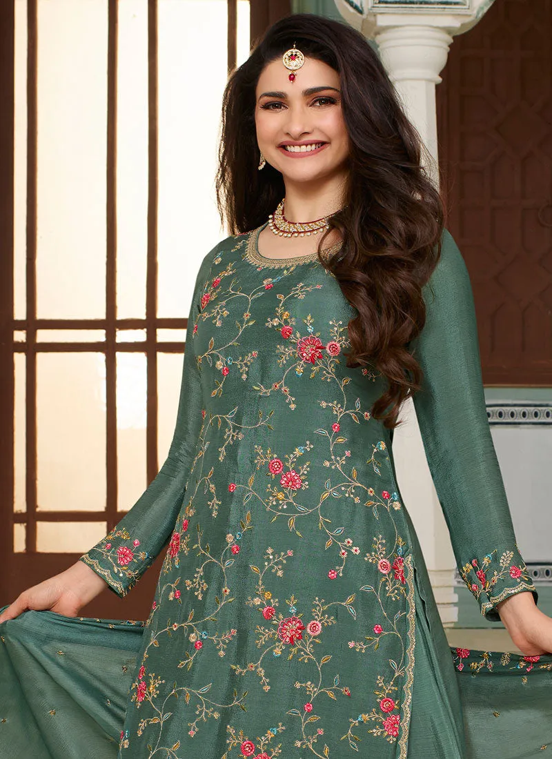 Green Traditional Multi Embroidery Sharara Suit