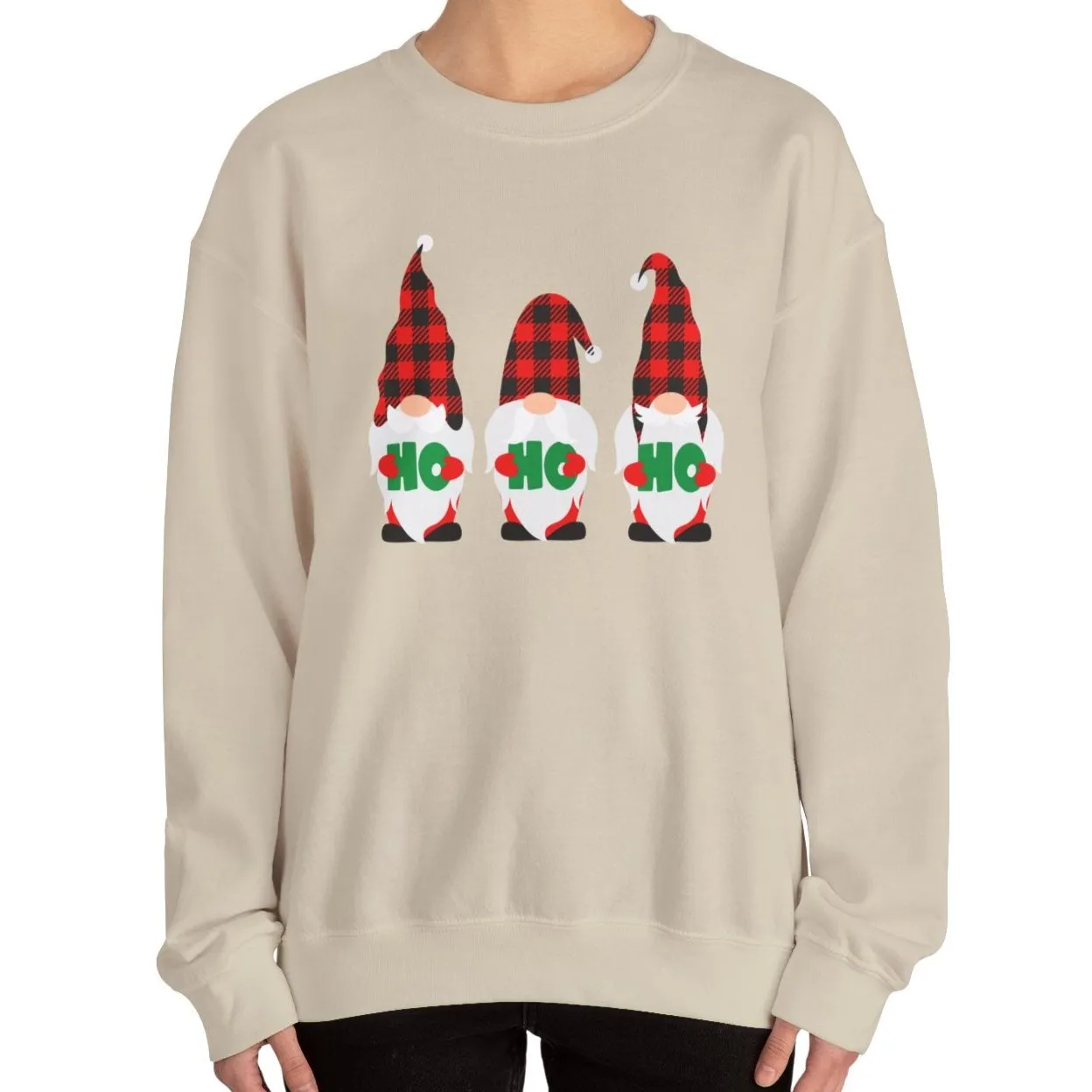 Ho Ho Ho with Three Red and Black Checked Gnomes Women's Sweatshirt - Festive Holiday Fashion
