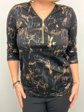 Ilona Party Zip Top Black and Gold Metallic Print  112