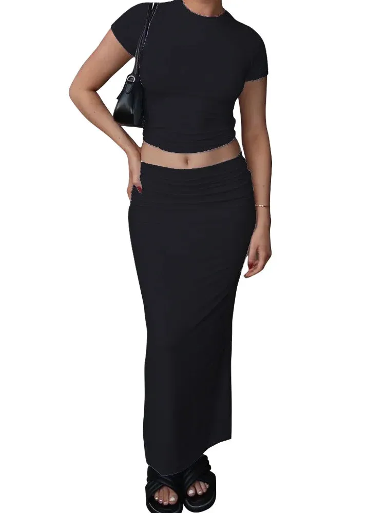 JuliaFashion - Short Sleeve Slim Fit Basic T-Shirts  Long Skirts Suits
