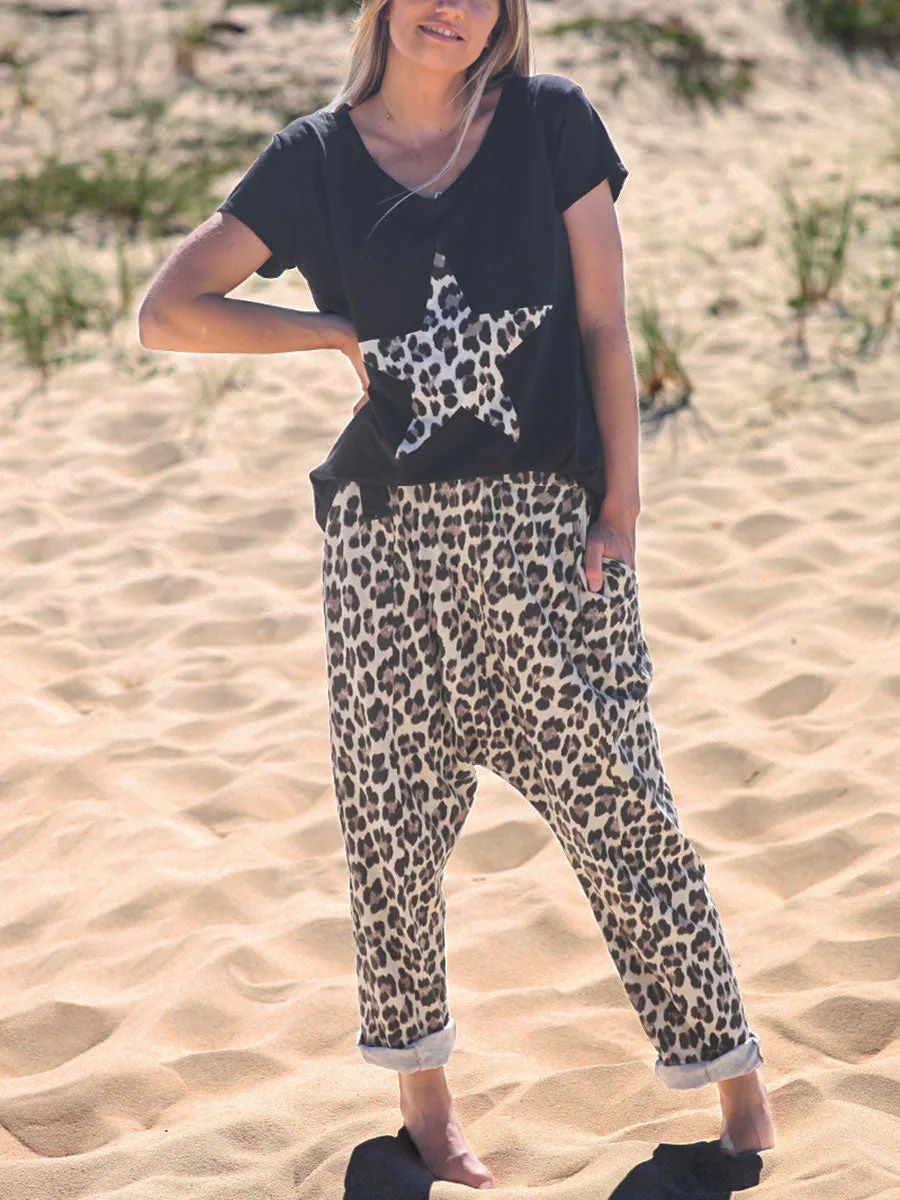 Leopard Print Casual Short Sleeve Suit