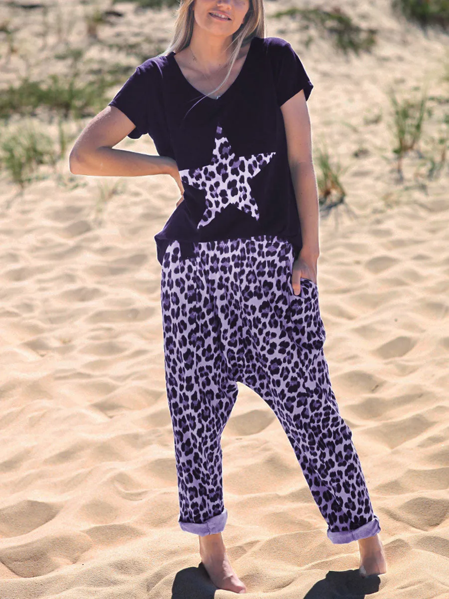 Leopard Print Casual Short Sleeve Suit