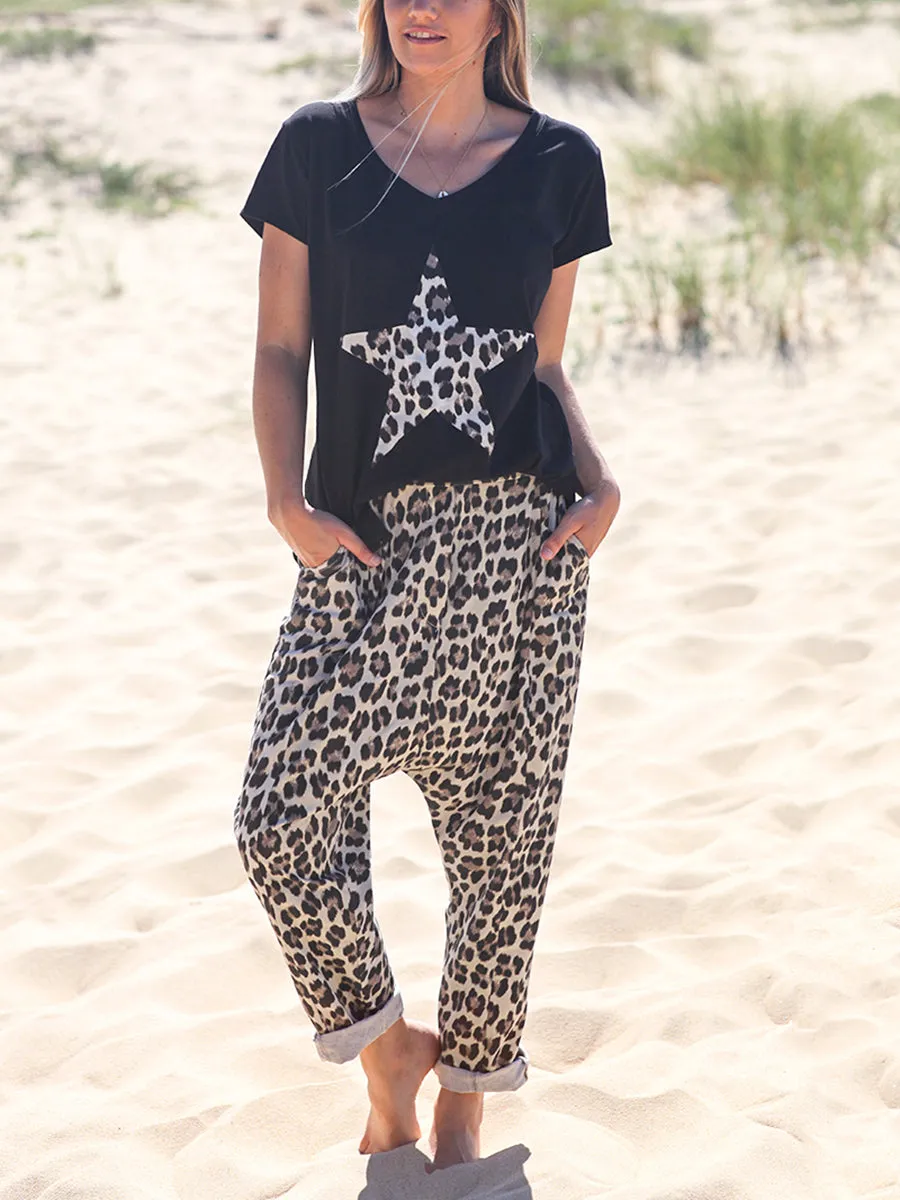 Leopard Print Casual Short Sleeve Suit