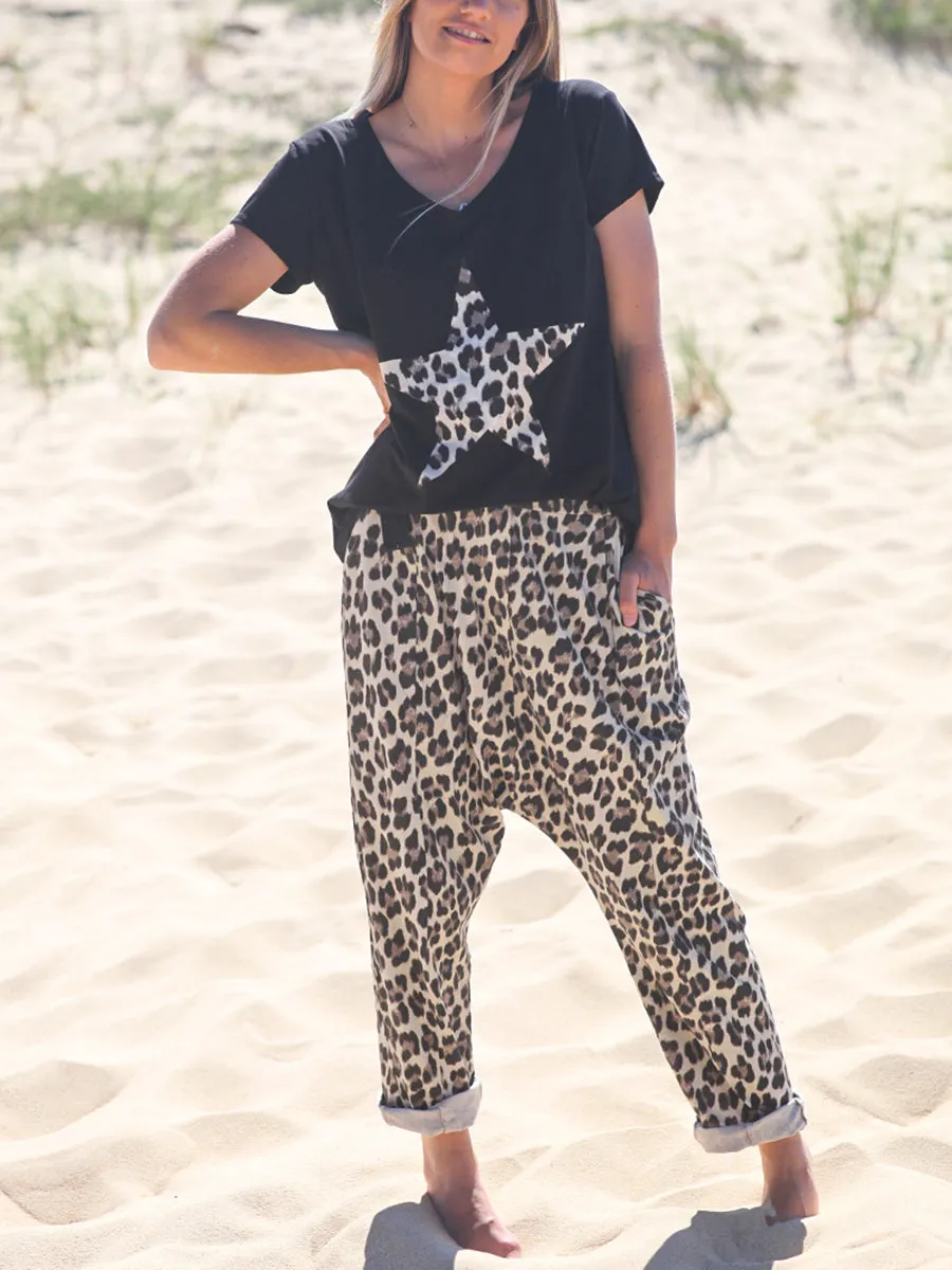 Leopard Print Casual Short Sleeve Suit