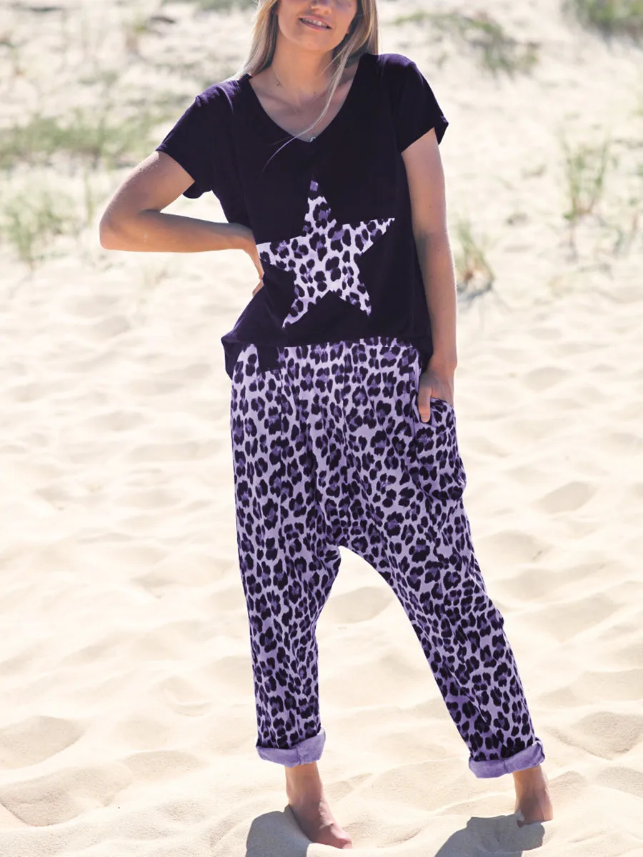 Leopard Print Casual Short Sleeve Suit