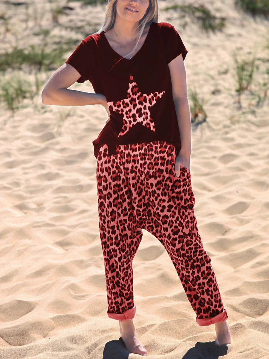 Leopard Print Casual Short Sleeve Suit