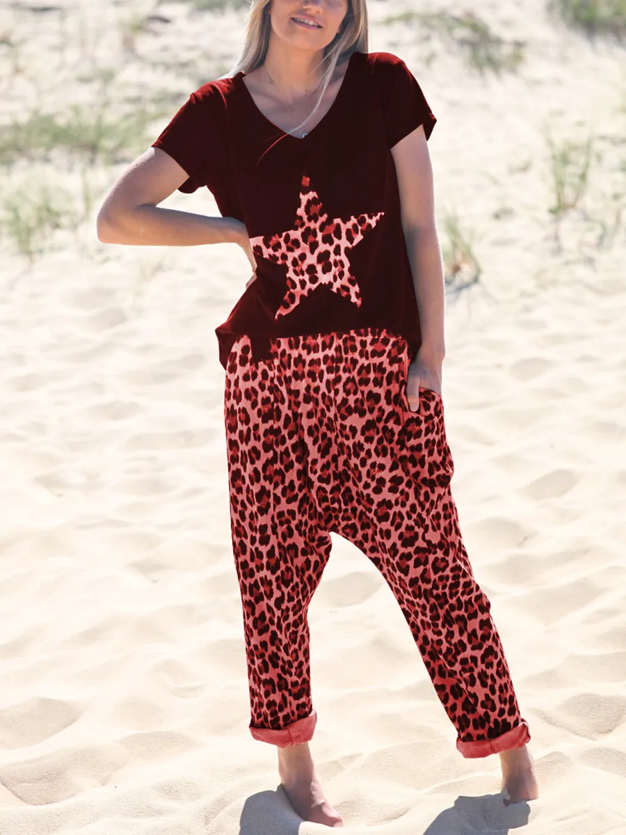 Leopard Print Casual Short Sleeve Suit